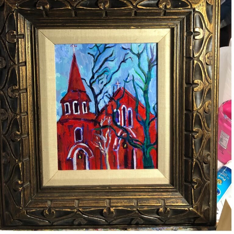 Red church painting , winter in acrylic with vintage frame. Christmas special