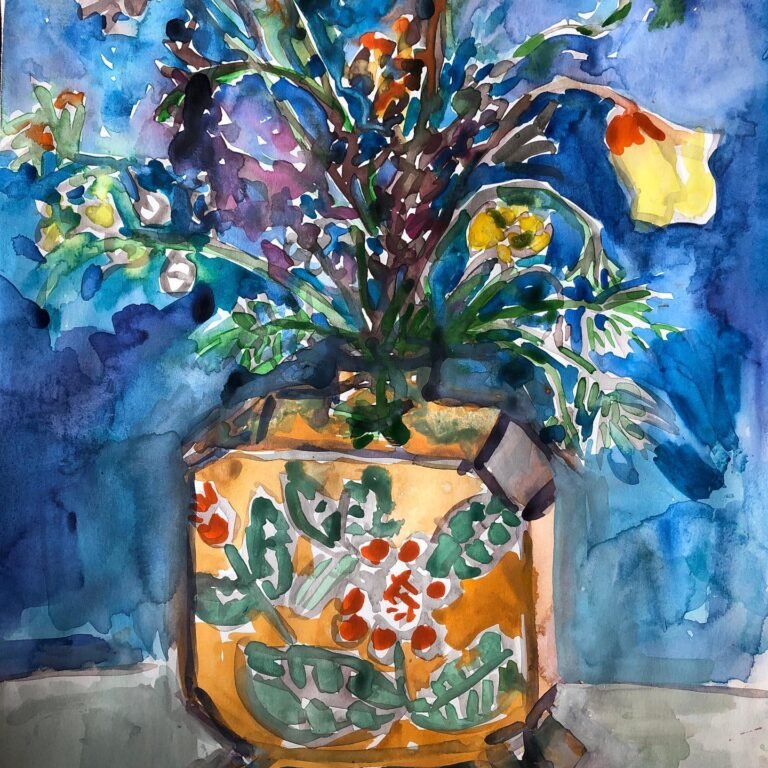 Wildflowers in funky vase. Watercolor and gouache on mixed media paper