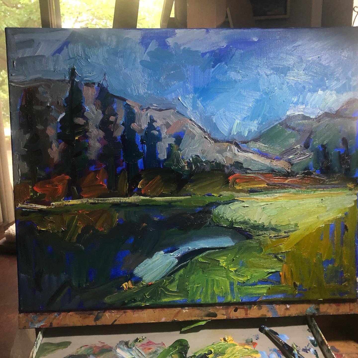 On the easel- work in progress. Unfortunately too smokey today to go plein air.…