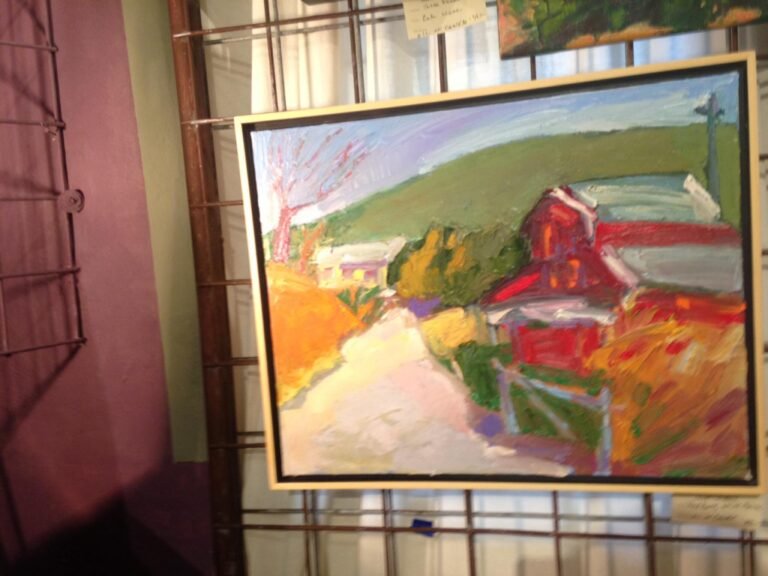 This is a brightly colored painting with thick paint. Red barn and White House …