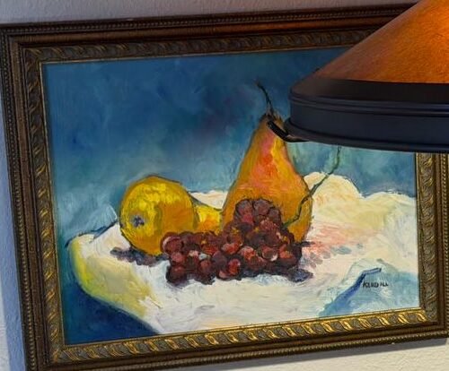 Pear and Grapes — original plein-air oil painting by Susan Kendall